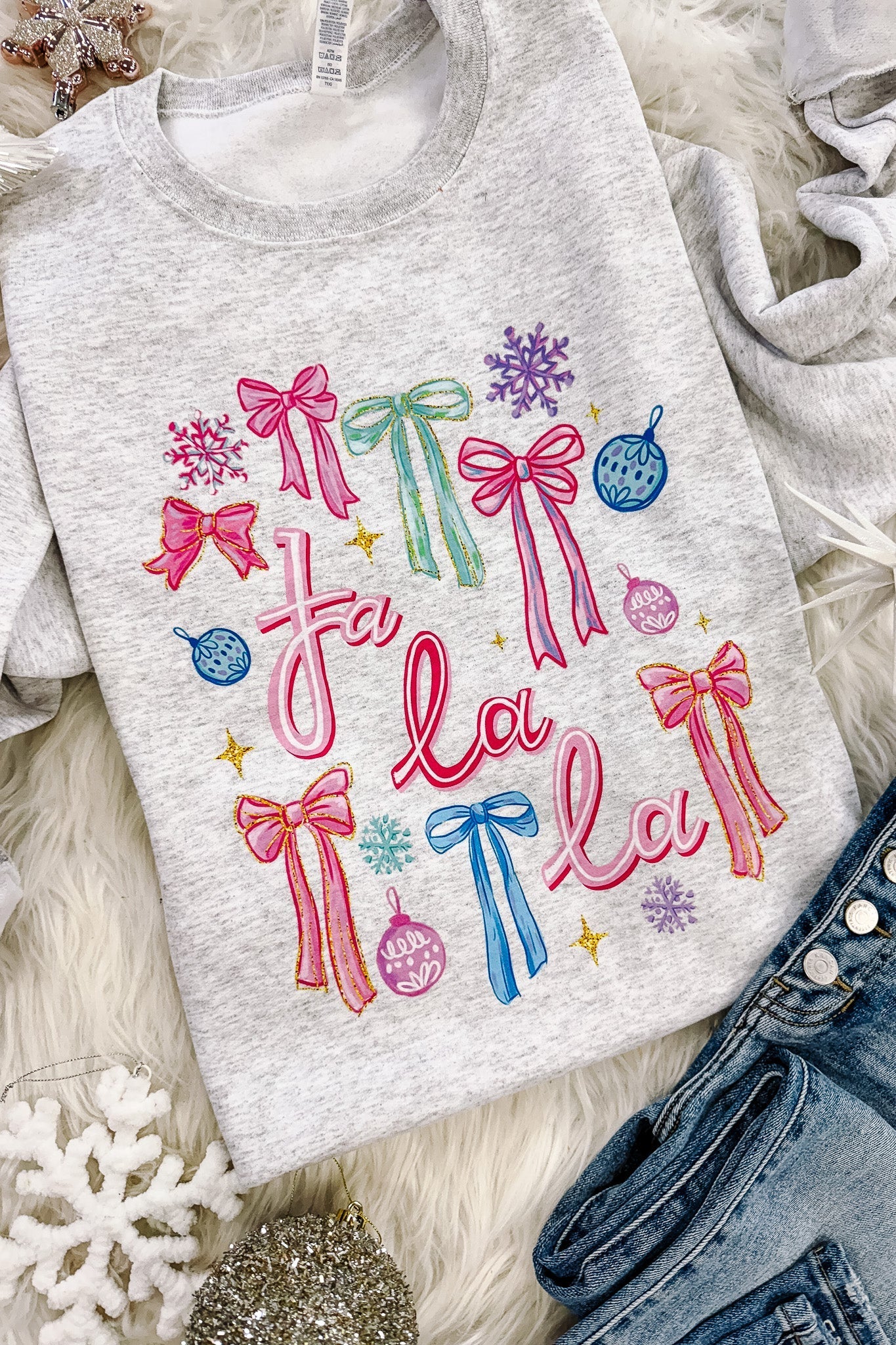 PRE-ORDER Fa La La Bright Bows Graphic Sweatshirt - Ash Grey (Ships by 11/24)