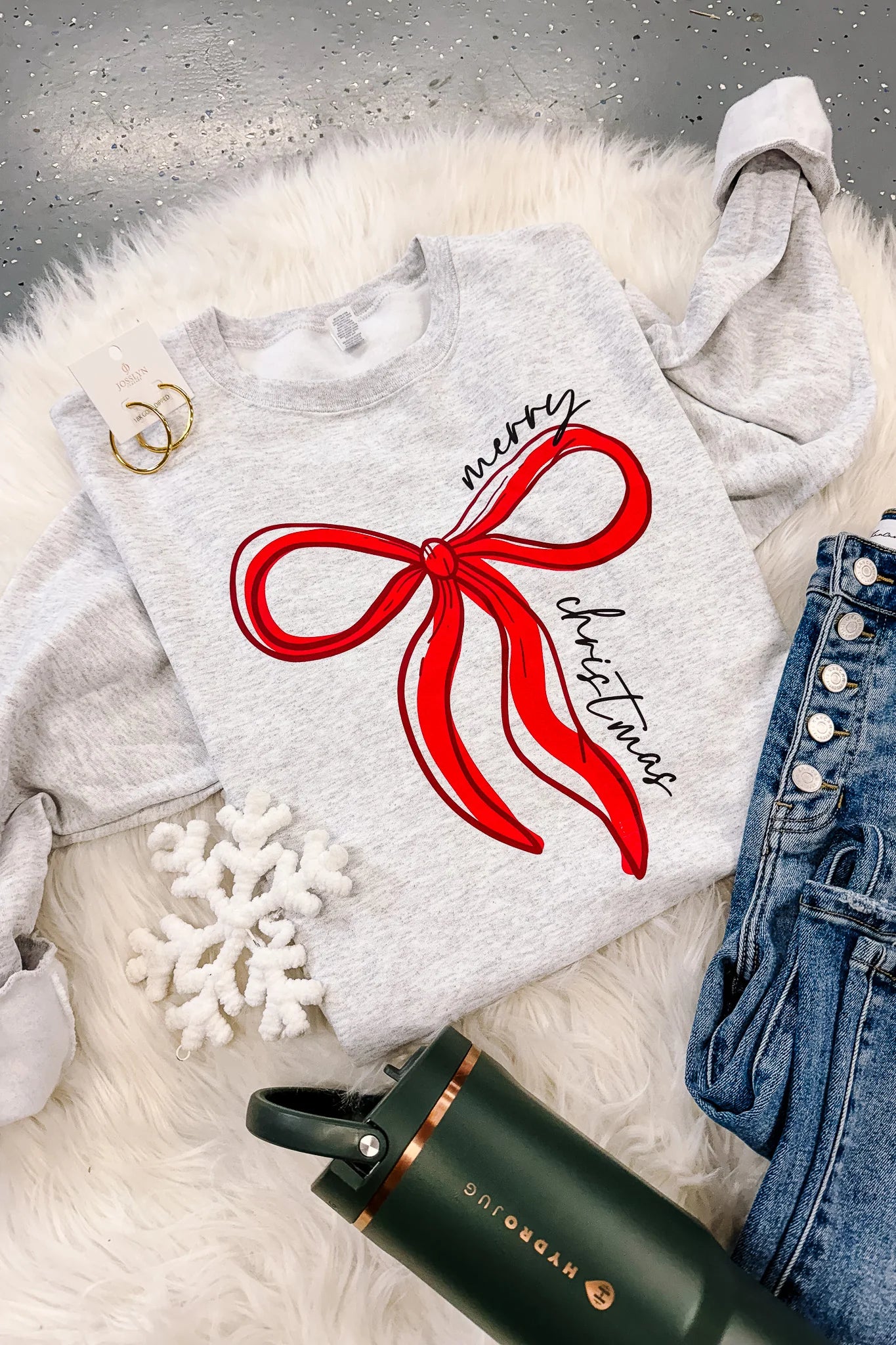 PRE-ORDER Long Ribbon Merry Christmas Crewneck Sweatshirt - Ash Grey (Ships by 12/3)
