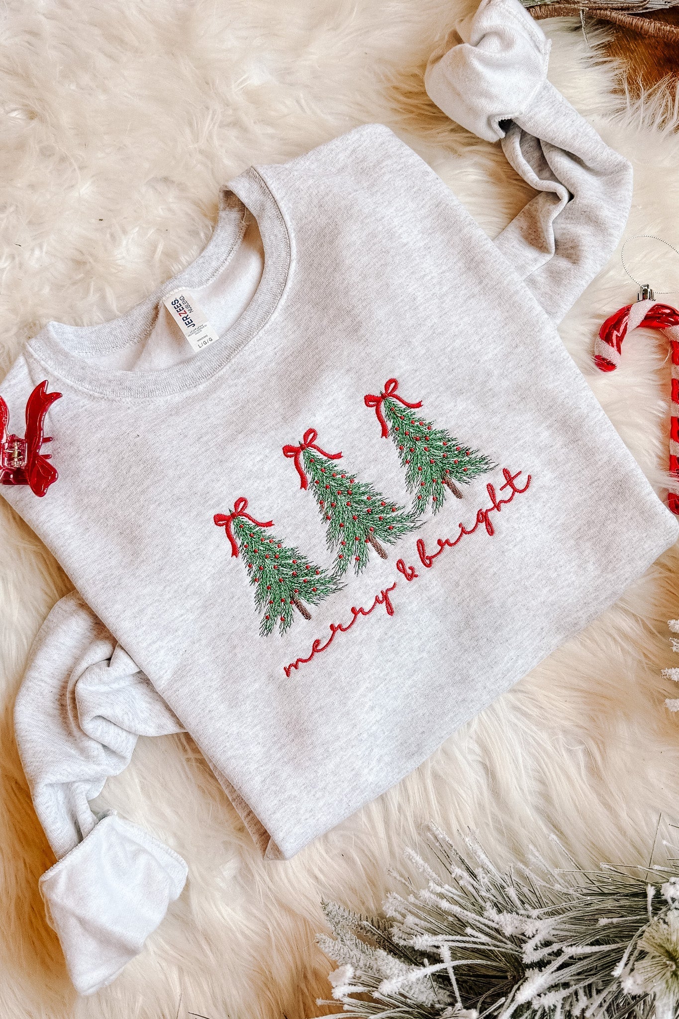 PRE-ORDER* Merry & Bright Embroidered Sweatshirt - Ash Grey (Ships by 12/3)