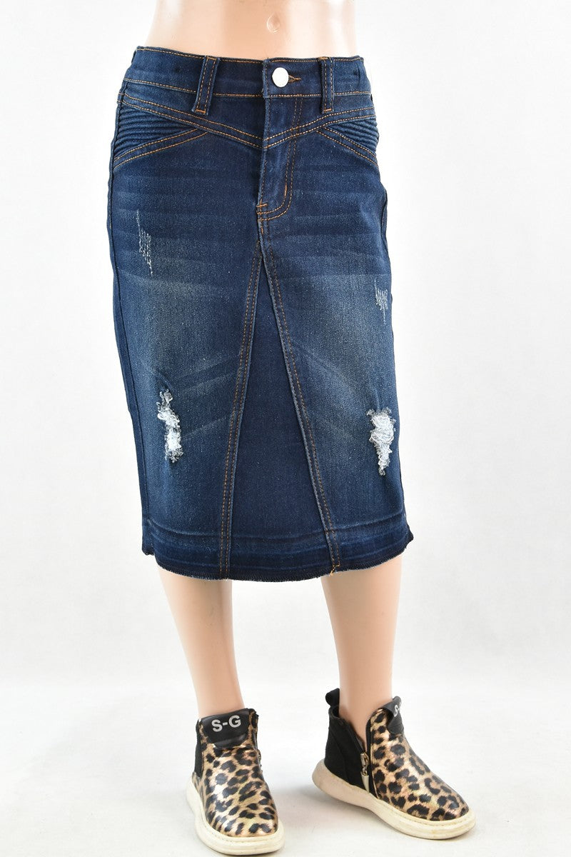 GIRLS Presley Distressed Denim Skirt in Dk. Indigo