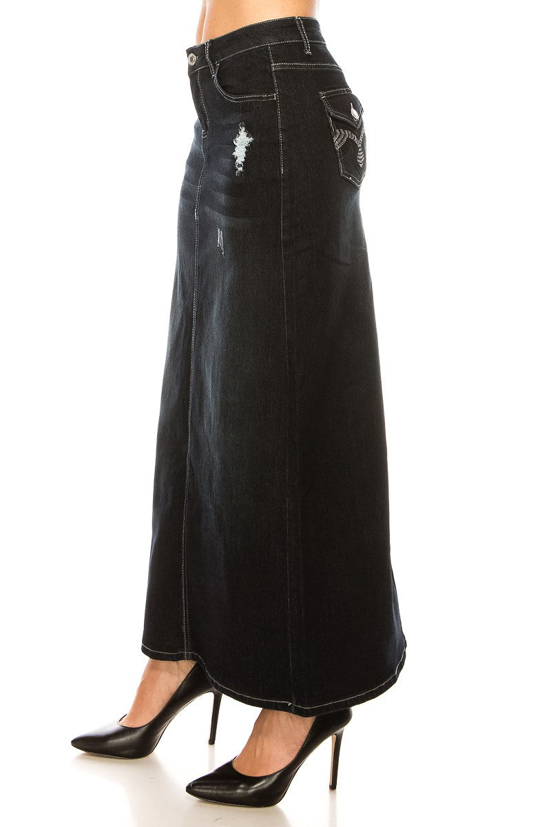 Vydia Distressed Long Denim Skirt in BLK