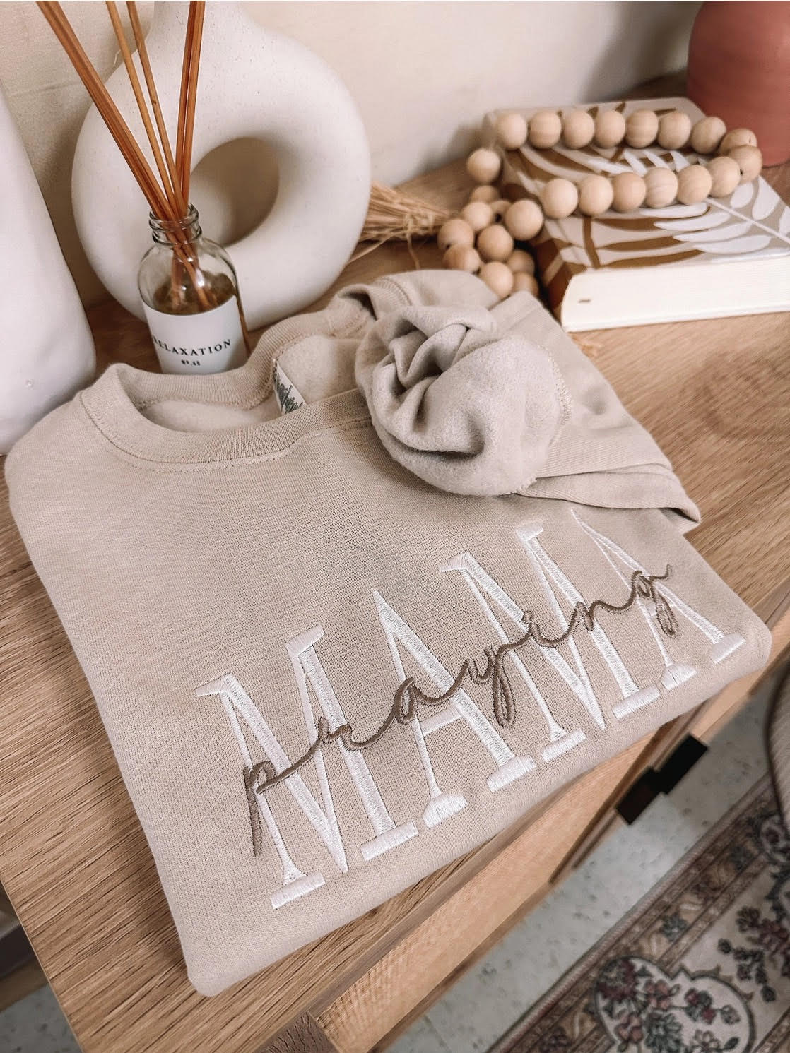 Praying Mama Embroidered Sweatshirt in Tan