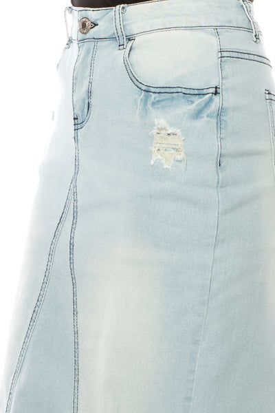 Brenna Distressed Denim Skirt in Lt. Wash