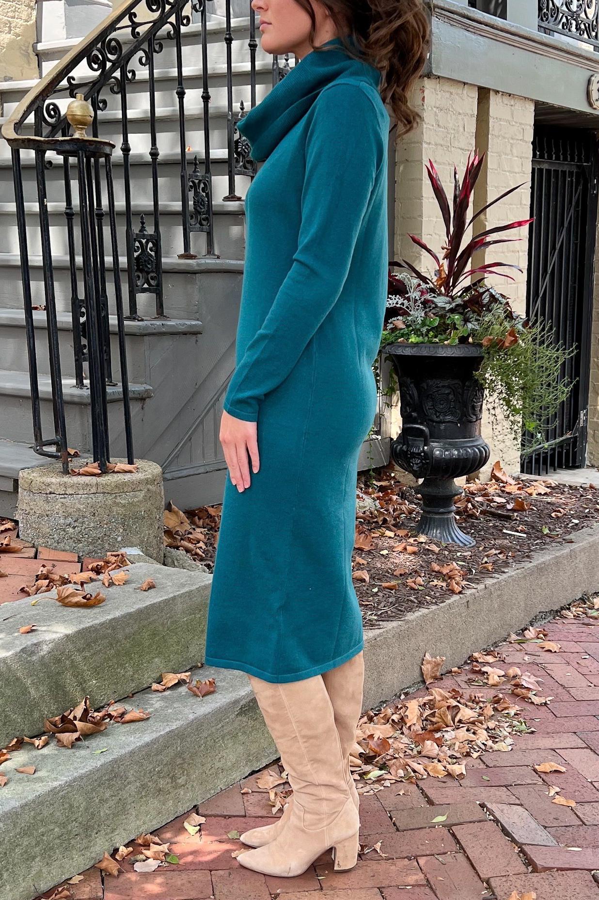 THE EMERY COWL NECK SWEATER DRESS IN EMERALD