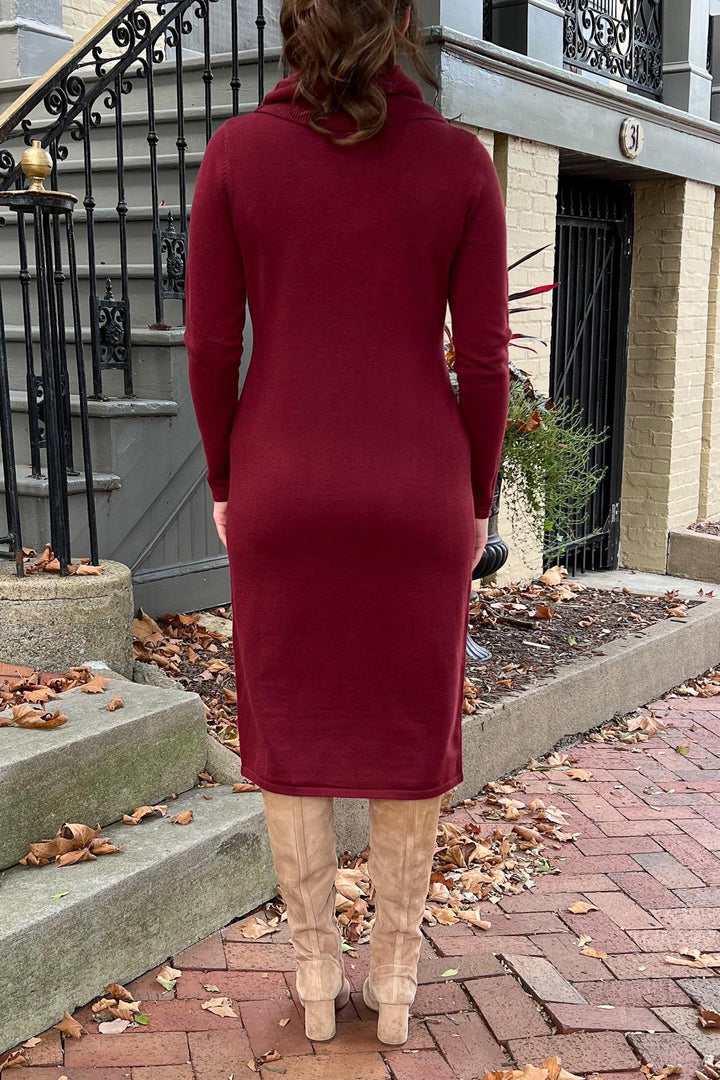 THE EMERY COWL NECK SWEATER DRESS IN BURGUNDY – The Modest Style Boutique