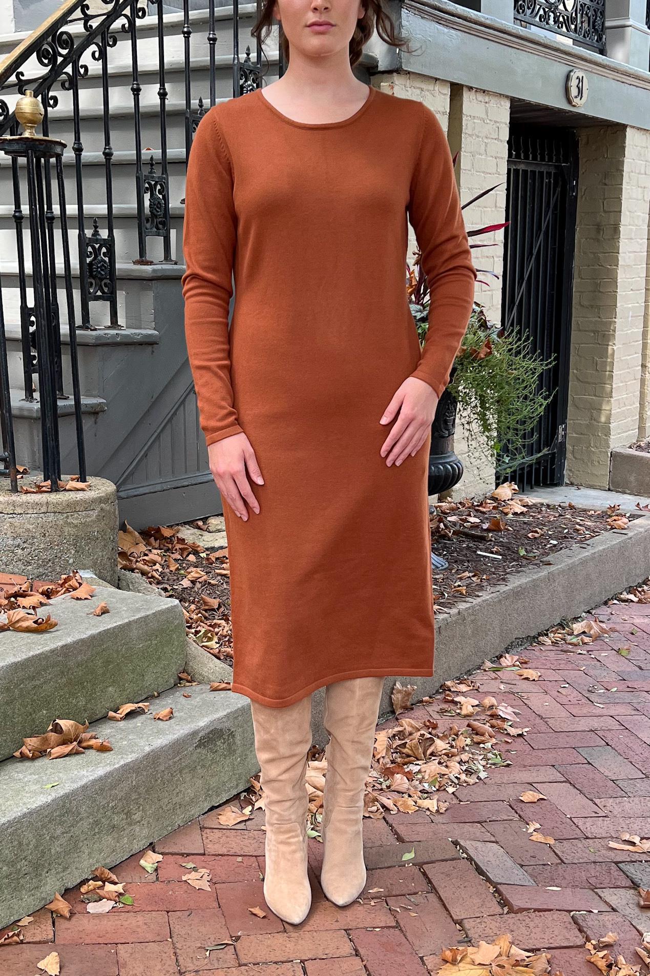 THE QUINN EVERYDAY SCOOP NECK SWEATER DRESS IN TERRACOTTA