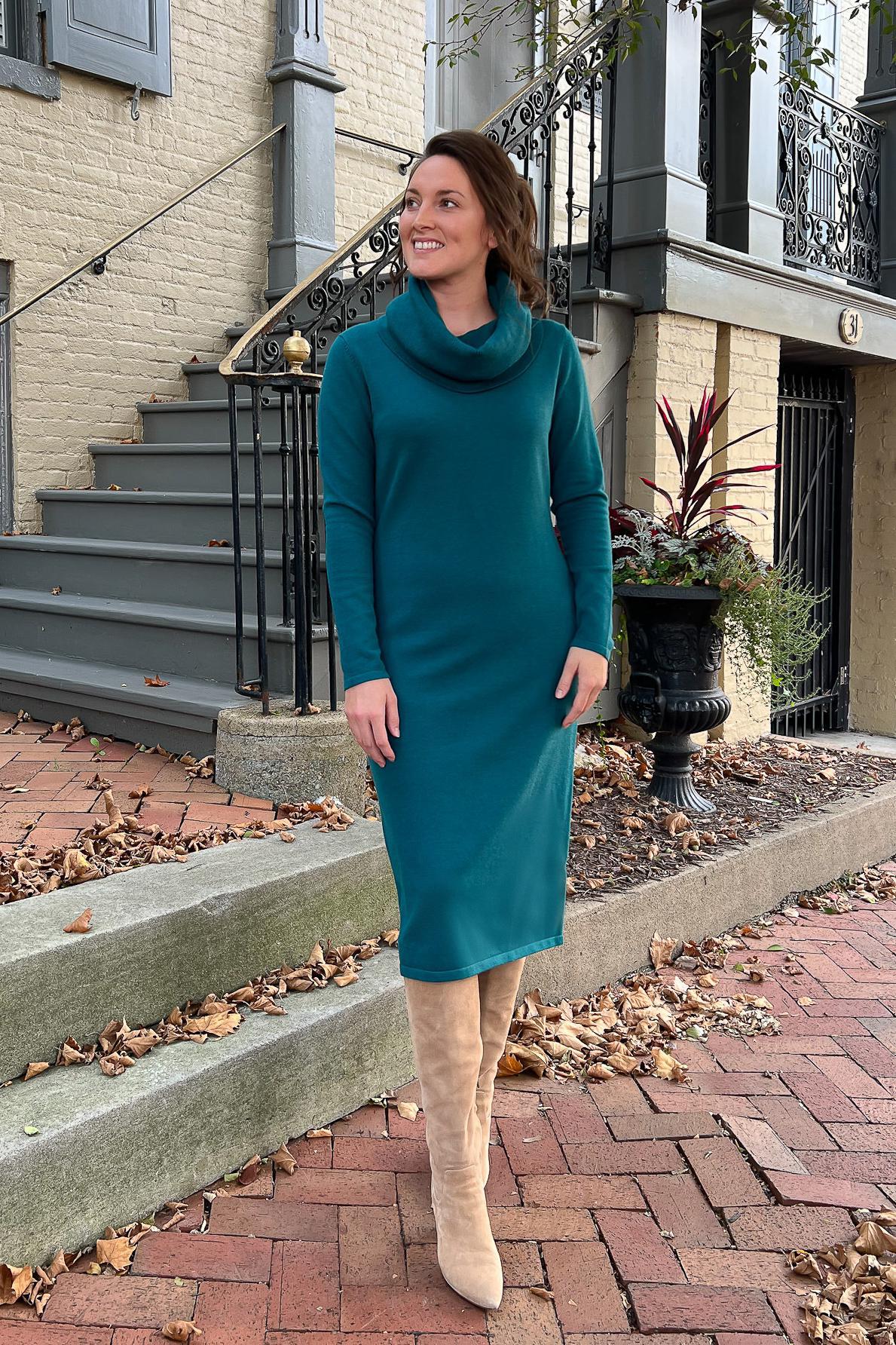 THE EMERY COWL NECK SWEATER DRESS IN EMERALD (Final Sale)