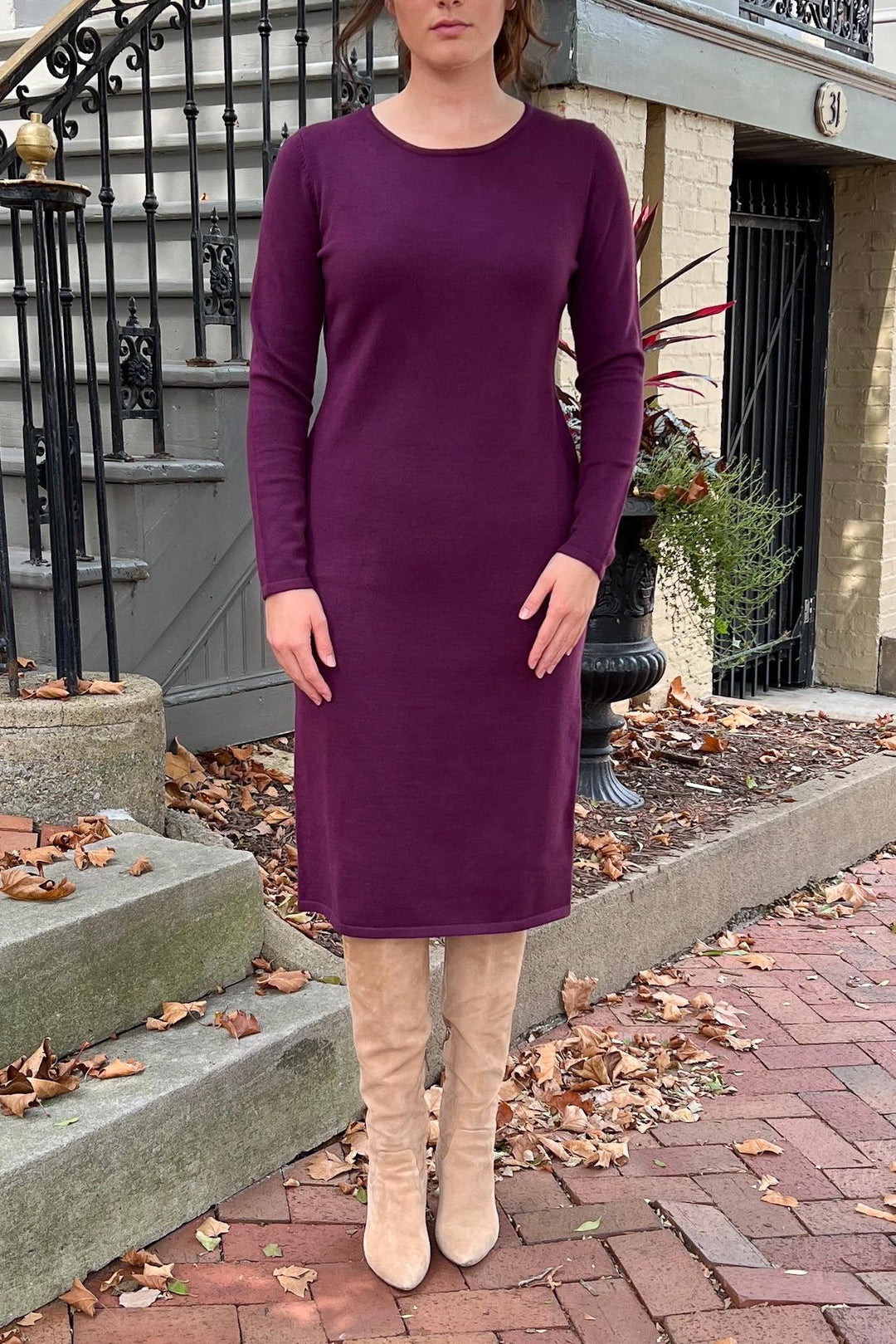 fitted lace wedding dress The Quinn Everyday Scoop Neck Sweater Dress in Dk Purple (Final Sale) Petite 39