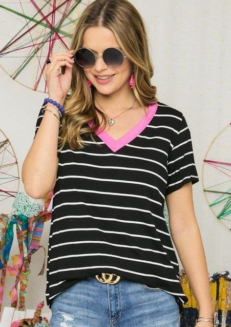 Stripe V-neck Tee (BLK)