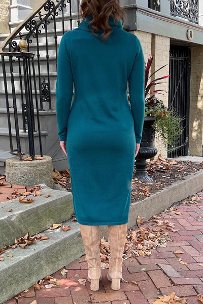 THE EMERY COWL NECK SWEATER DRESS IN EMERALD