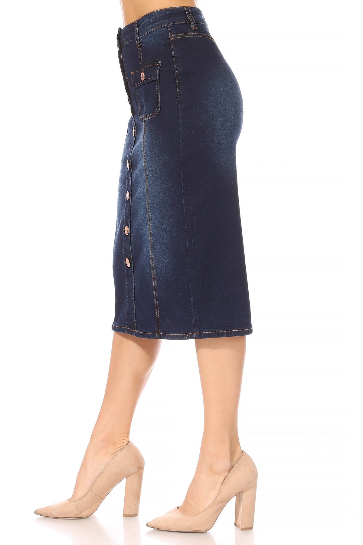 Zoey Button Down Denim Skirt in Dk. Indigo