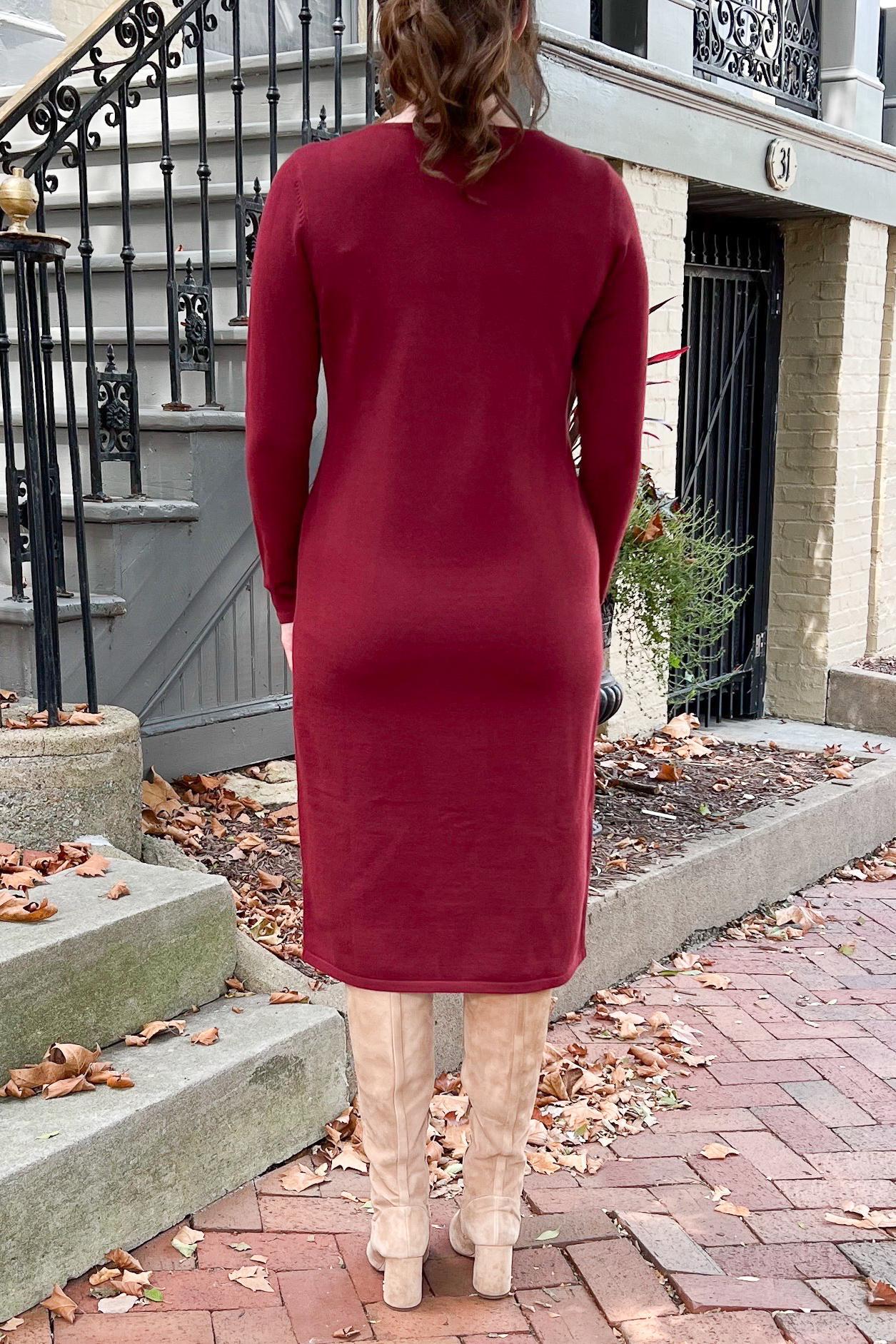 THE QUINN EVERYDAY SCOOP NECK SWEATER DRESS IN BURGUNDY (Final Sale)