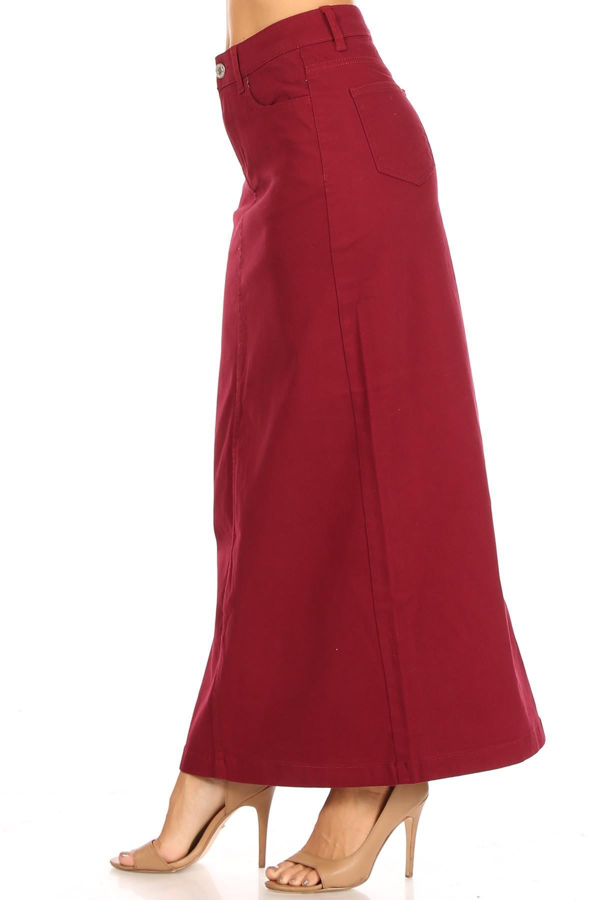 Ava Long Color Denim Skirt in Wine