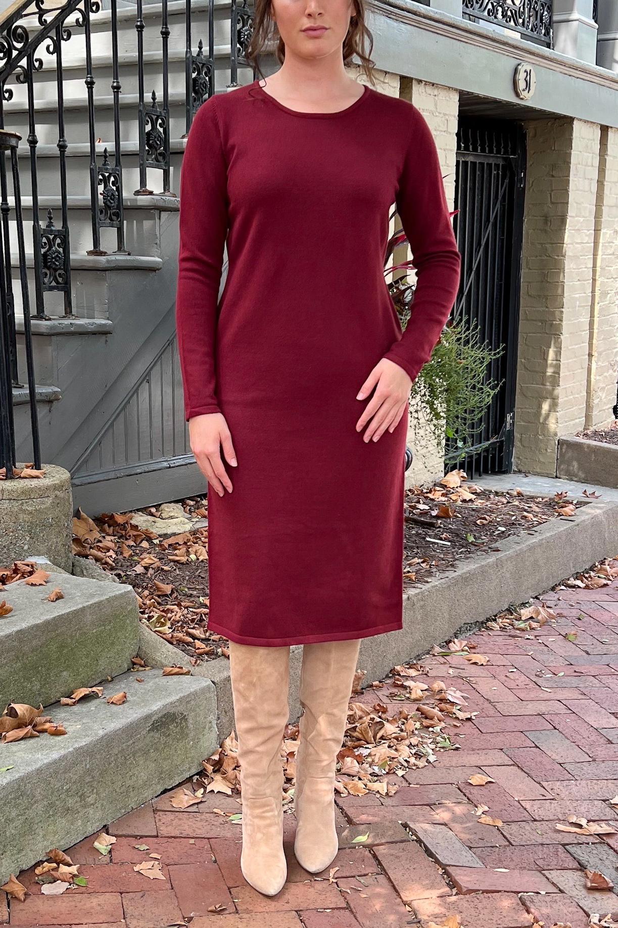 THE QUINN EVERYDAY SCOOP NECK SWEATER DRESS IN BURGUNDY (Final Sale)