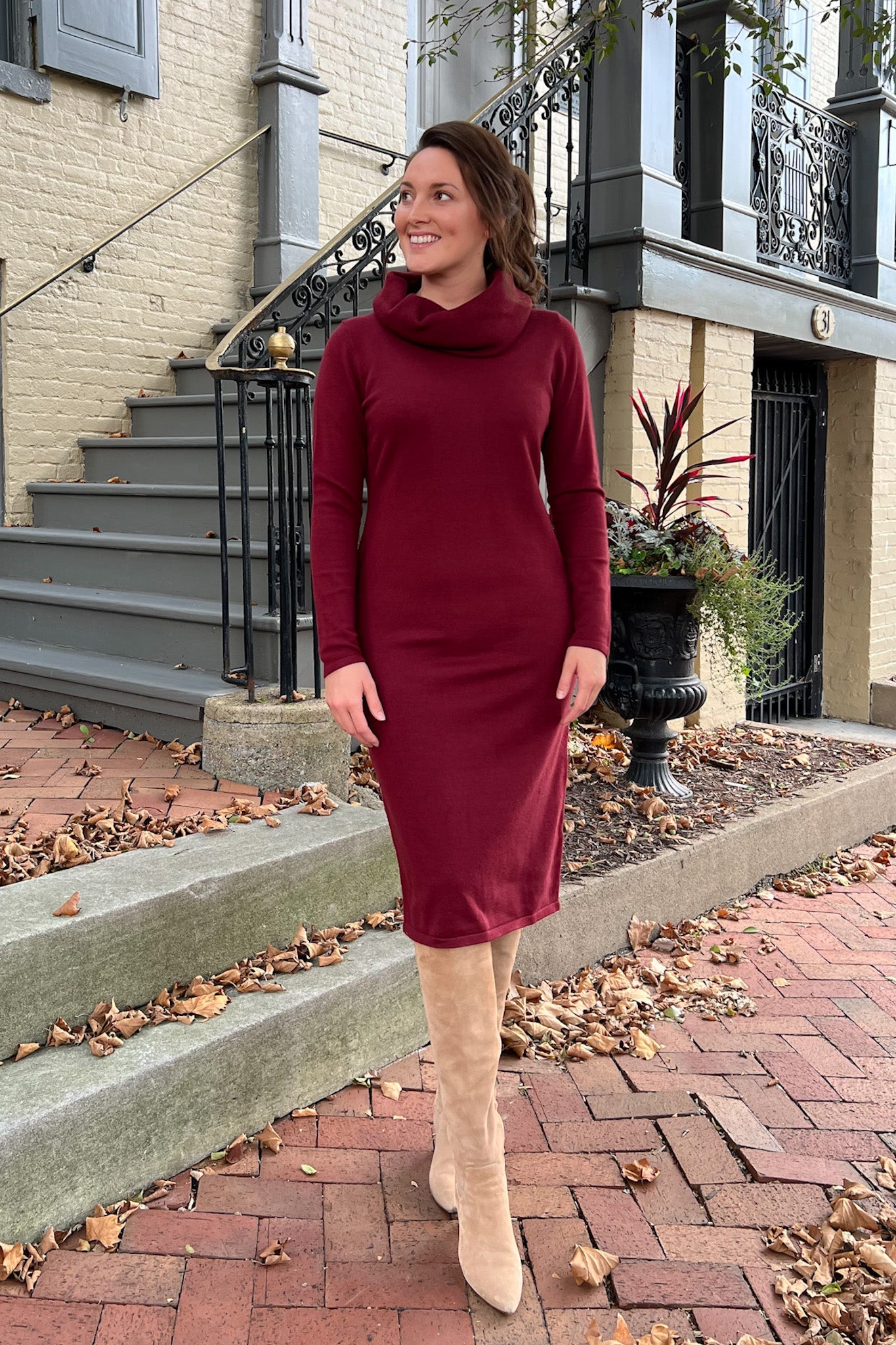 THE EMERY COWL NECK SWEATER DRESS IN BURGUNDY (FINAL SALE) Petite 39" / 2XL THE EMERY COWL NECK SWEATER DRESS IN BURGUNDY (FINAL SALE) Petite 39" / 2XL